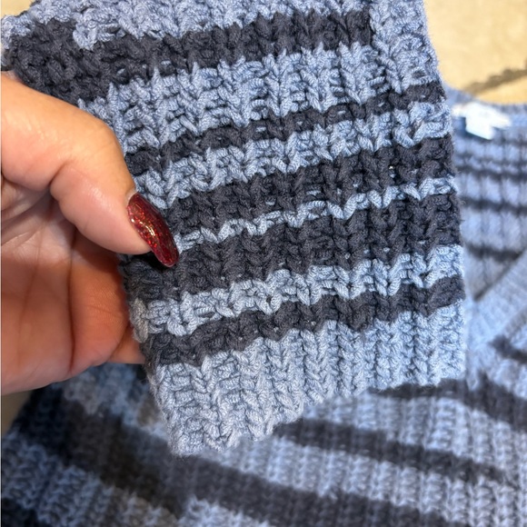 NWOT J. Jill Blue Stripe V Neck Waffle Knit Chunky Cotton Sweater Womens Size L - Picture 5 of 8
